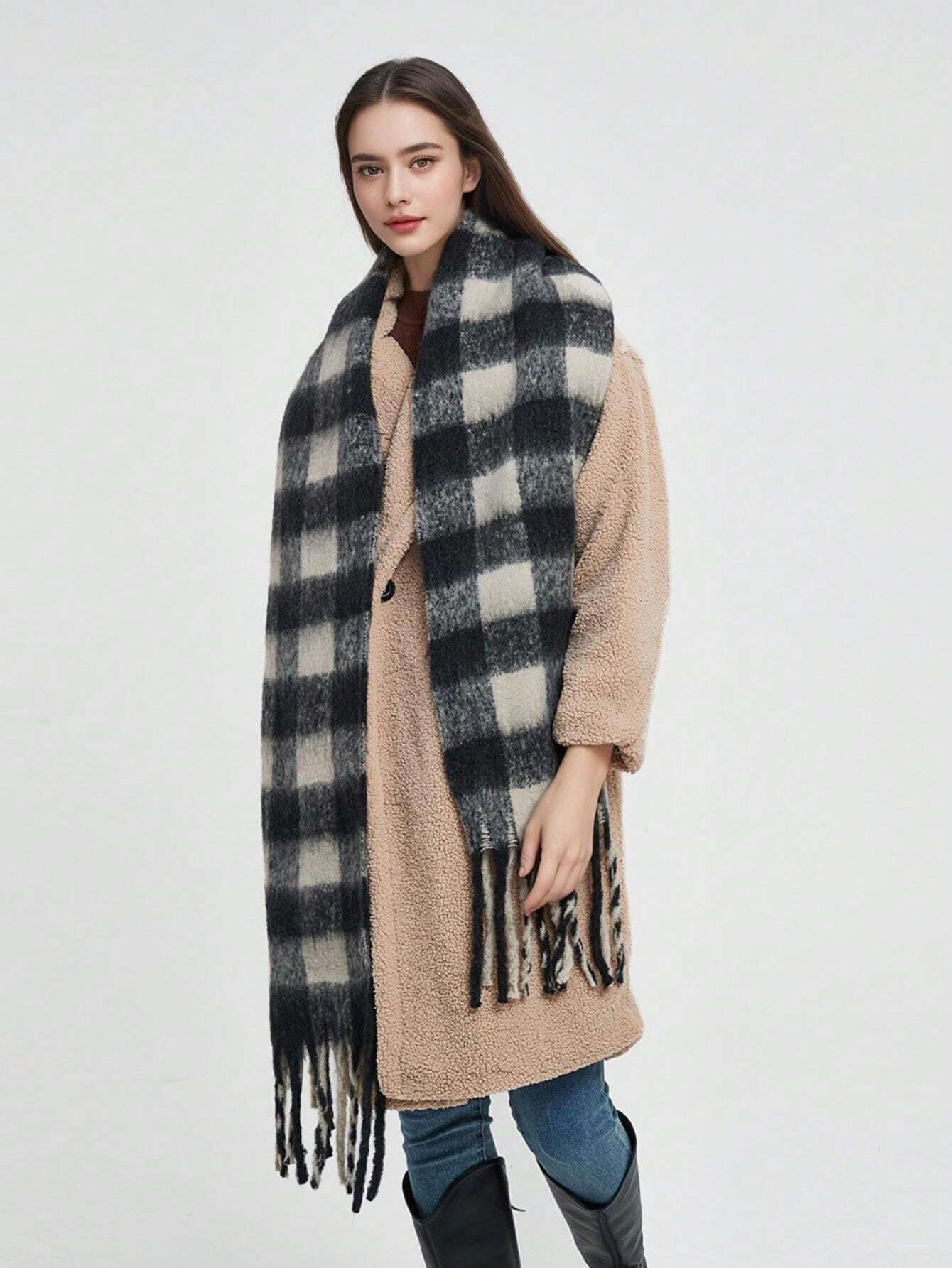 Cozy Checkered Wool Fringe Scarf