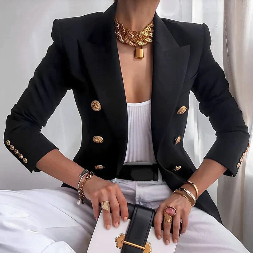 Vorina Luxury FashionDouble - Breasted Black Blazer with Gold ButtonsBlazers