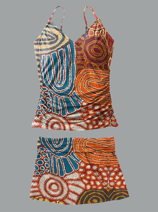 Aboriginal design V-neck Retro Abstraction Print Suspender Skirt Tankini Pantskirt Set Swimsuit