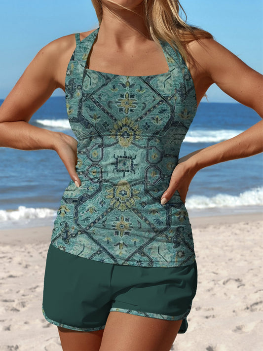 Dark Cyan Symmetrical Pattern Print Halter Patchwork Mid Waisted Tankini Short Set Swimsuit