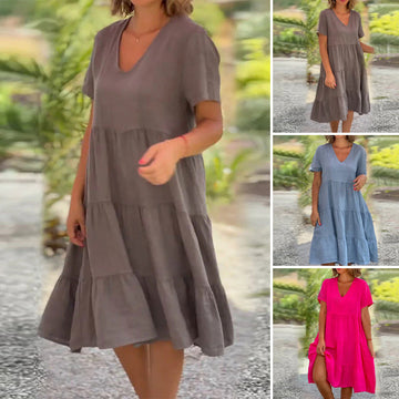 MARIA™ | Einfarbiges Baumwoll-Leinen-Kleid mit V-Ausschnitt